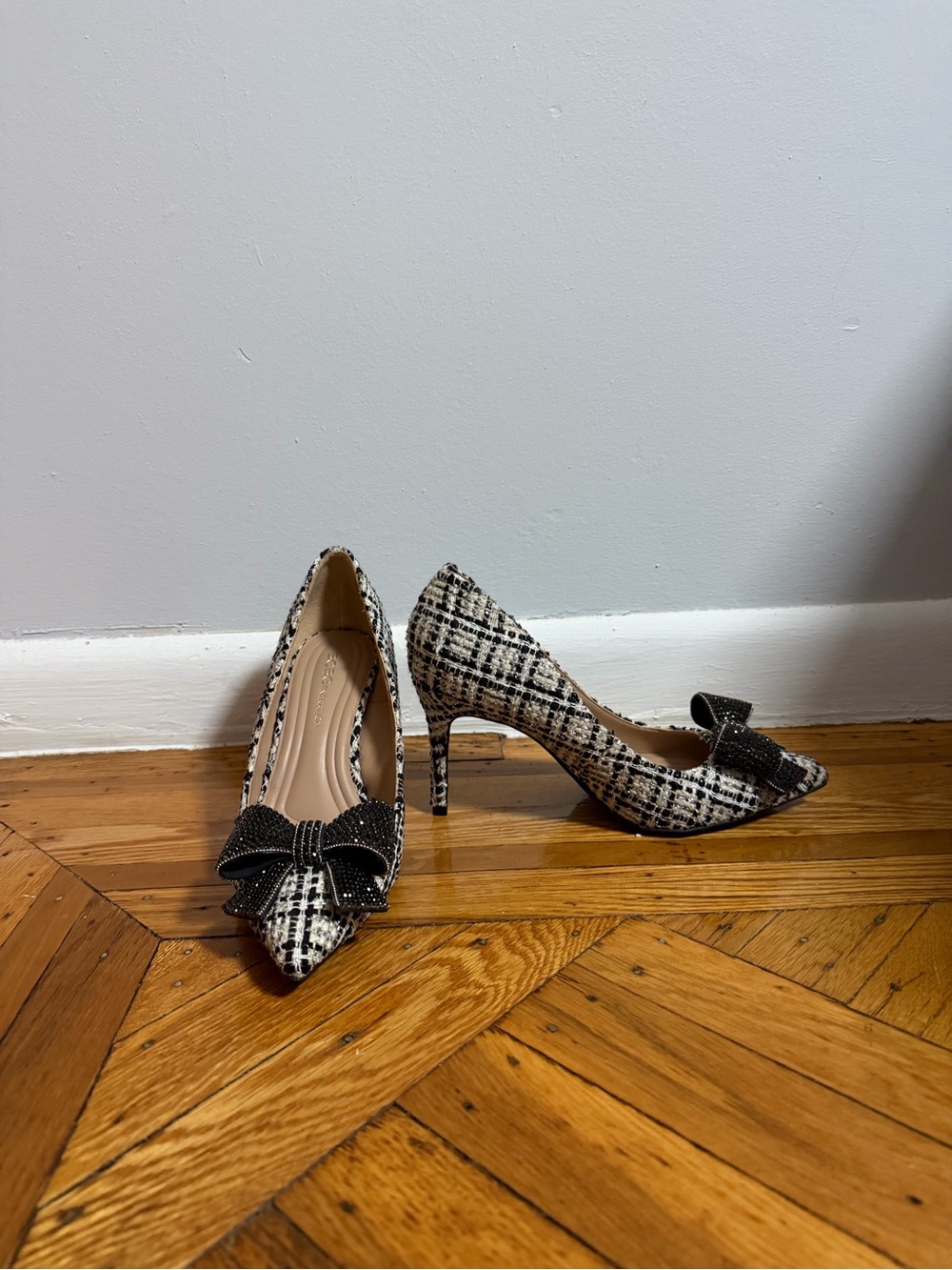 BCBGeneration Black and White Tweed Pointed-Toe Pumps with Bow
